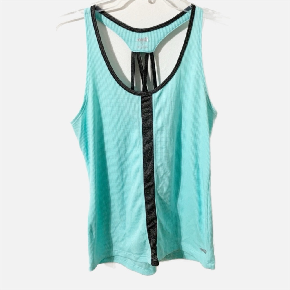 Avia Textured Fabric Strappy Back Workout Tank Gray Straps Stripe Up Front 🩵